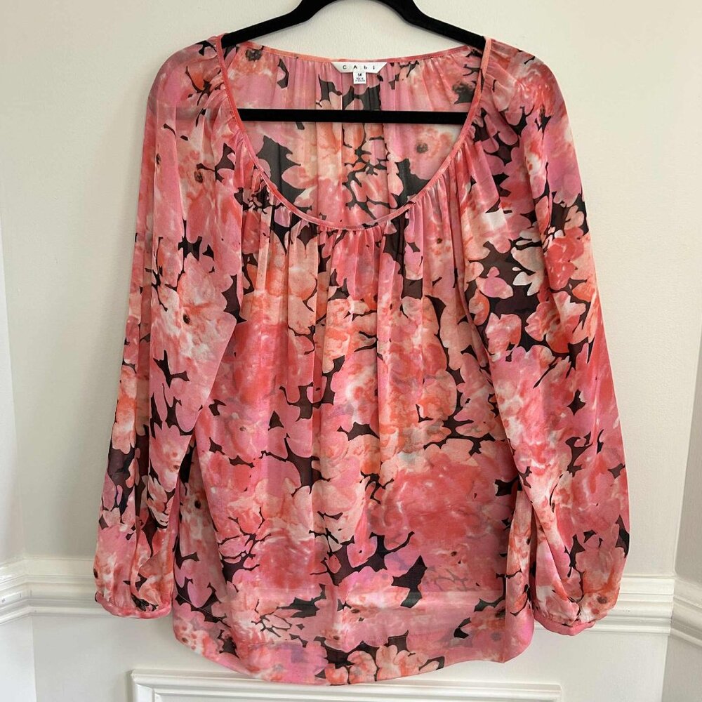 CAbi 590 Sheer Pink Floral Long Sleeve Peasant Scoop-Neck Blouse, Medium